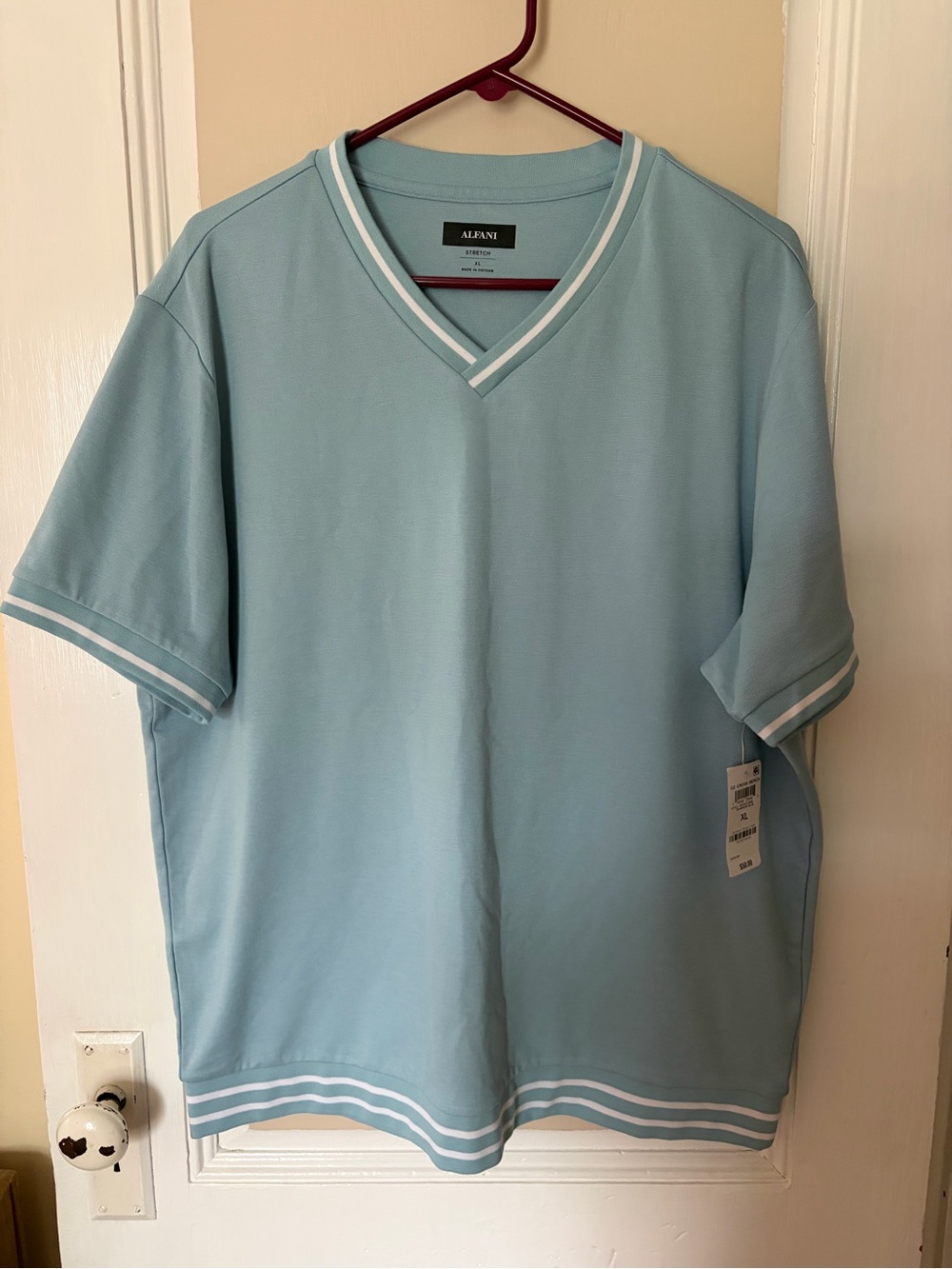 Alfani Light Blue V-Neck Tee with White Trim